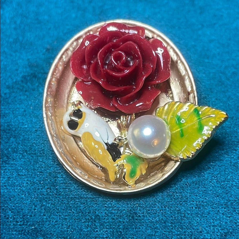 Elegant Red Rose and Faux Pearl Brooch